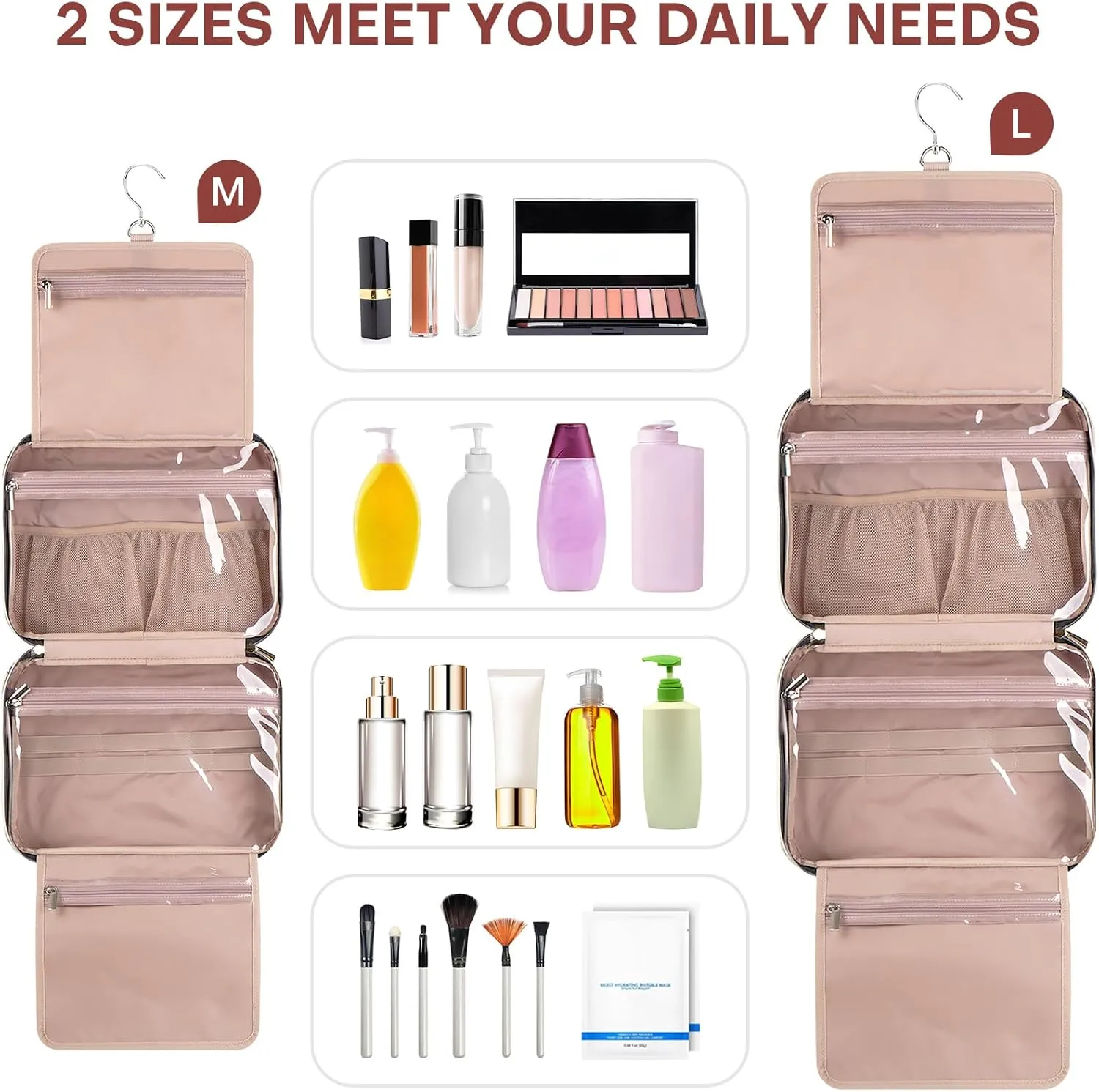 Travel Toiletry Bags with Hanging Hook for Full-size Toiletries, Brushes Set, Cosmetics - Large Red Sandalwood