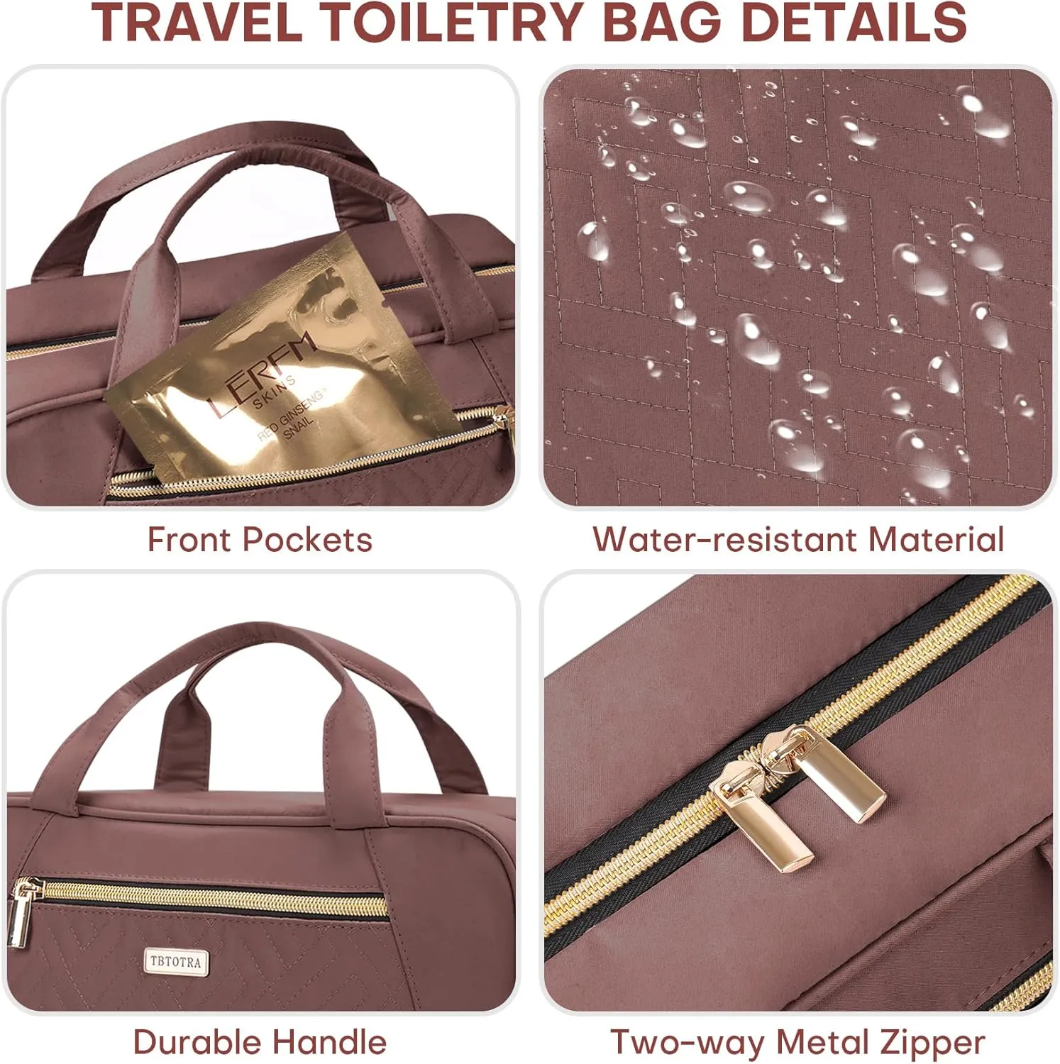 Travel Toiletry Bags with Hanging Hook for Full-size Toiletries, Brushes Set, Cosmetics - Large Red Sandalwood