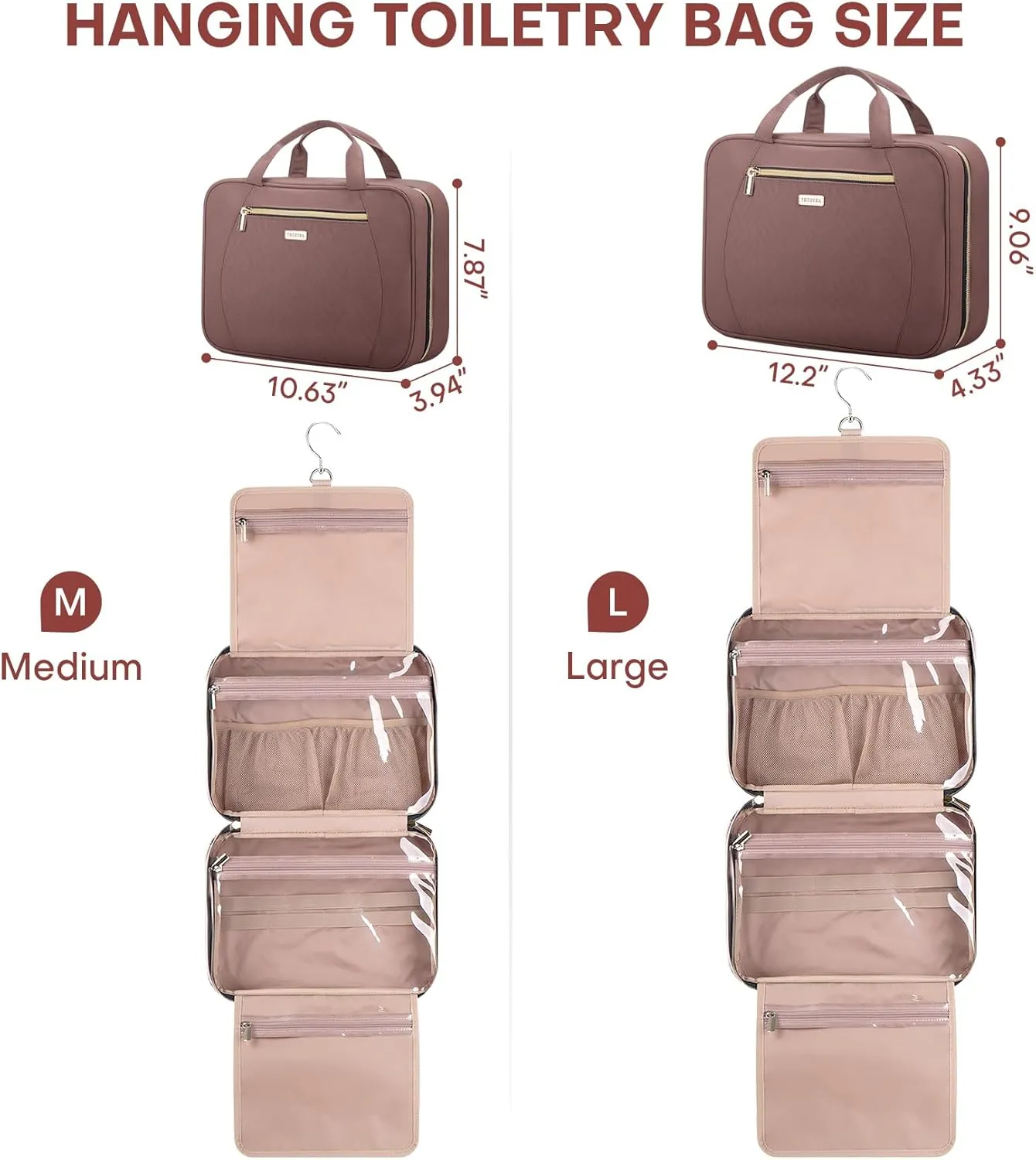 Travel Toiletry Bags with Hanging Hook for Full-size Toiletries, Brushes Set, Cosmetics - Large Red Sandalwood