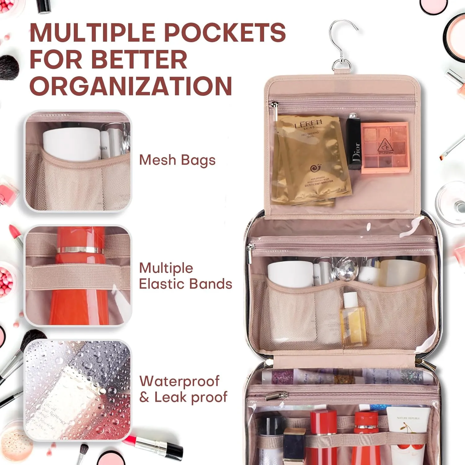 Travel Toiletry Bags with Hanging Hook for Full-size Toiletries, Brushes Set, Cosmetics - Large Red Sandalwood