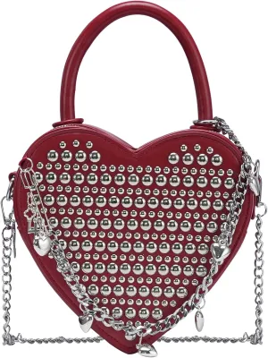 TRBSXRT Heart Satchel Crossbody Purse for Women - Rivets Embellished Shoulder Bag, Leather Heart Shaped Handbag
