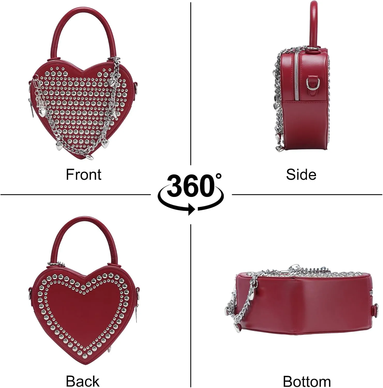 TRBSXRT Heart Satchel Crossbody Purse for Women - Rivets Embellished Shoulder Bag, Leather Heart Shaped Handbag