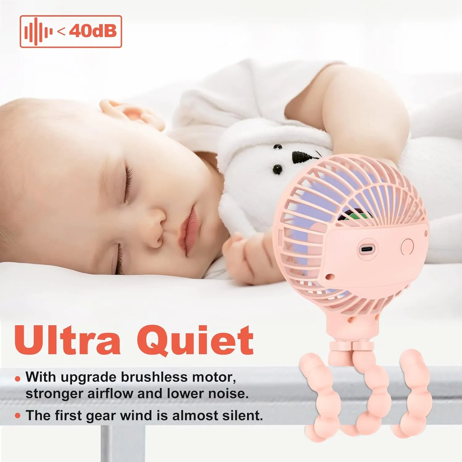 TRELC Mini Handheld Stroller Fan, Personal Portable Baby Rechargeable Fan with Flexible Tripod, Upgraded Version, Gift for Children, for Office Room Car Traveling BBQ Gym (Pink)