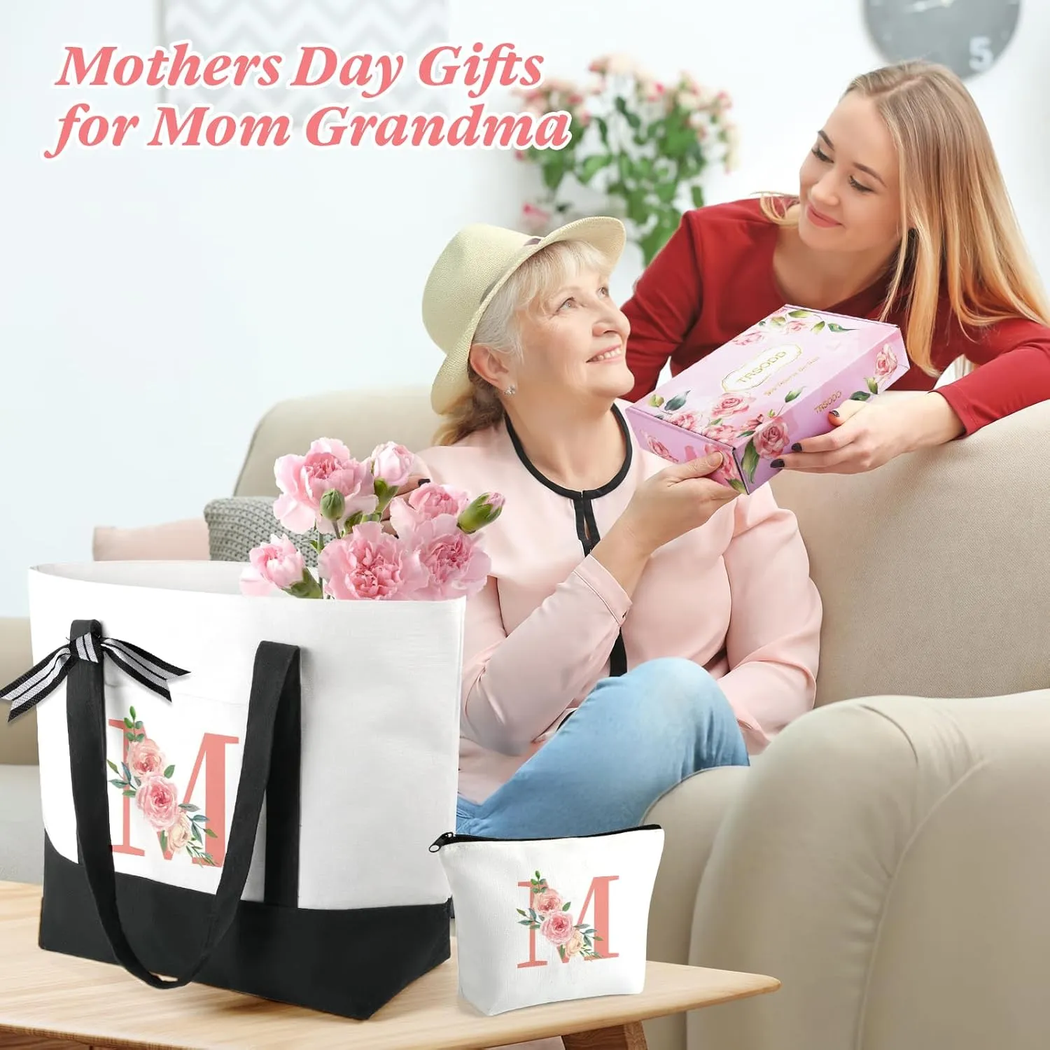 TRSODD Mothers Day Gifts for Mom Large Tote Bag and Makeup Bag Birthday Gifts for Women Wife Grandma Daughter Sister Friends Bridesmaid D