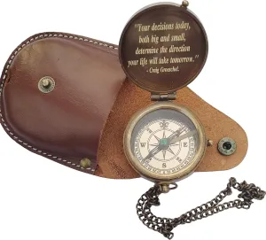 TSWO Solid Brass Compass with Leather Case and Chain-Sundial Compass Push Open Compass- Antiquate Finish-Sundial Clock Engraved Compass and Beautiful Handmade Gift
