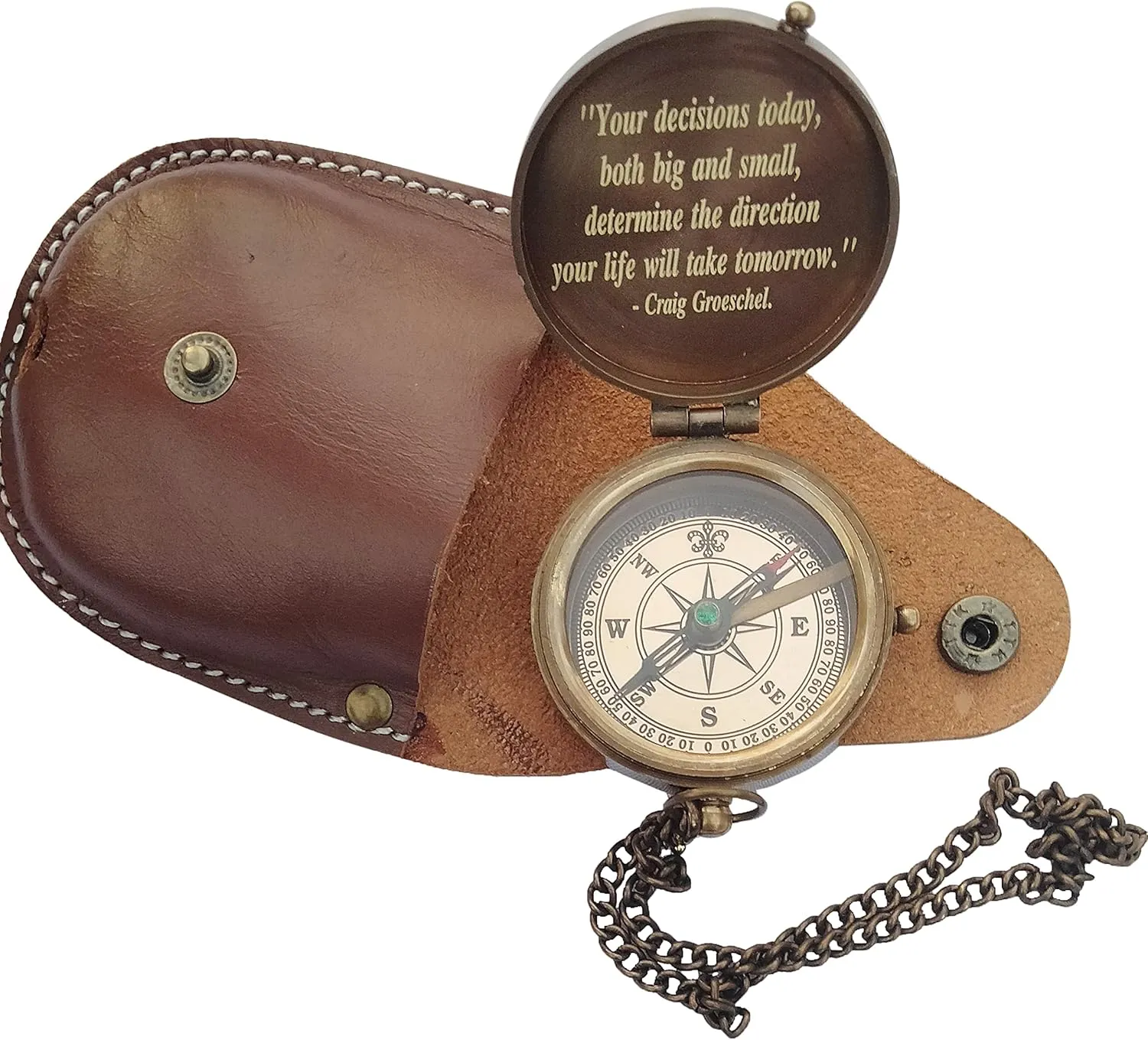 TSWO Solid Brass Compass with Leather Case and Chain-Sundial Compass Push Open Compass- Antiquate Finish-Sundial Clock Engraved Compass and Beautiful Handmade Gift