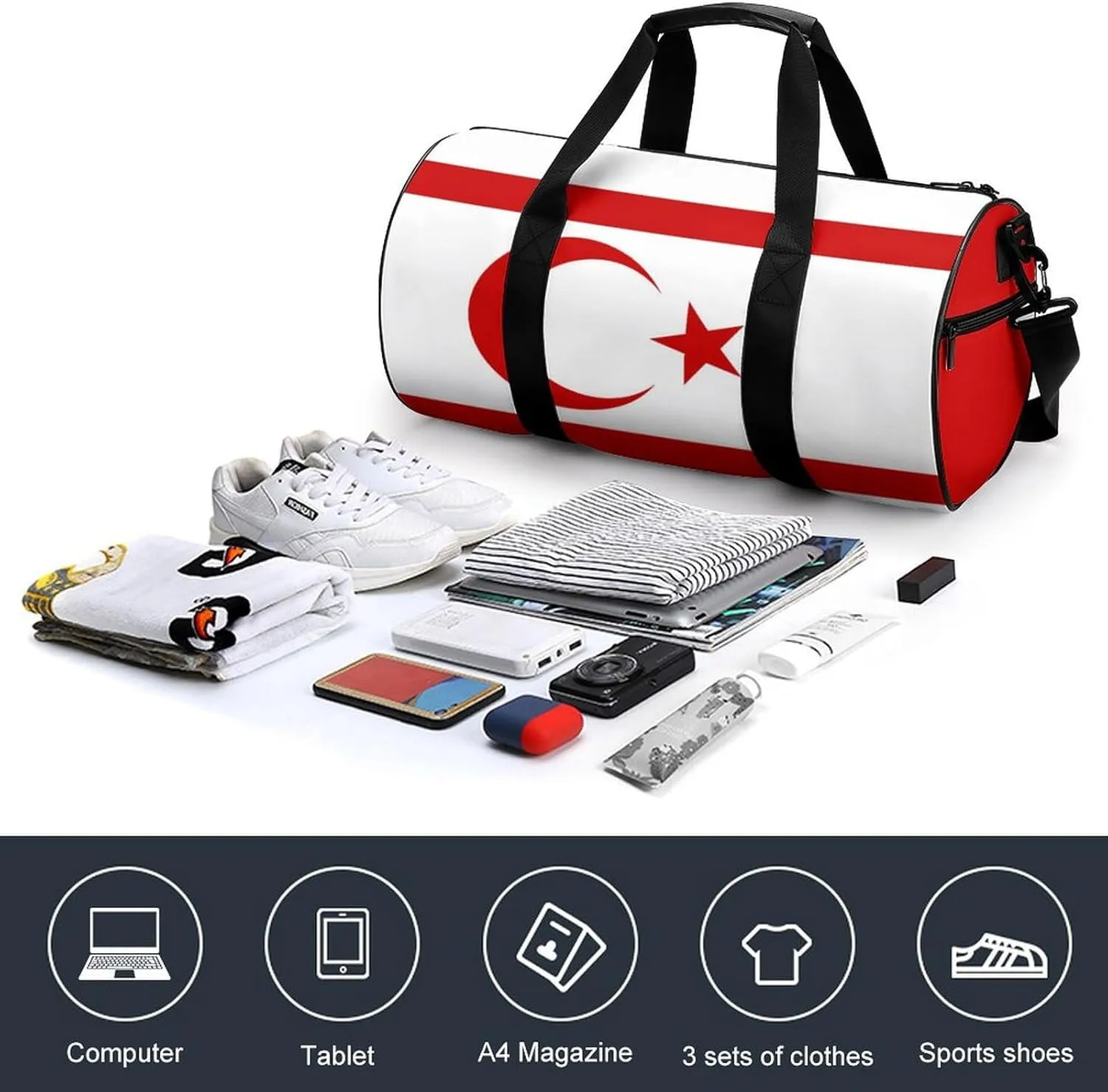 Turkish Republic Northern Cyprus Flag Gym Bag for Girls Boys Sports Duffel with Wet Pocket Travel Weekender