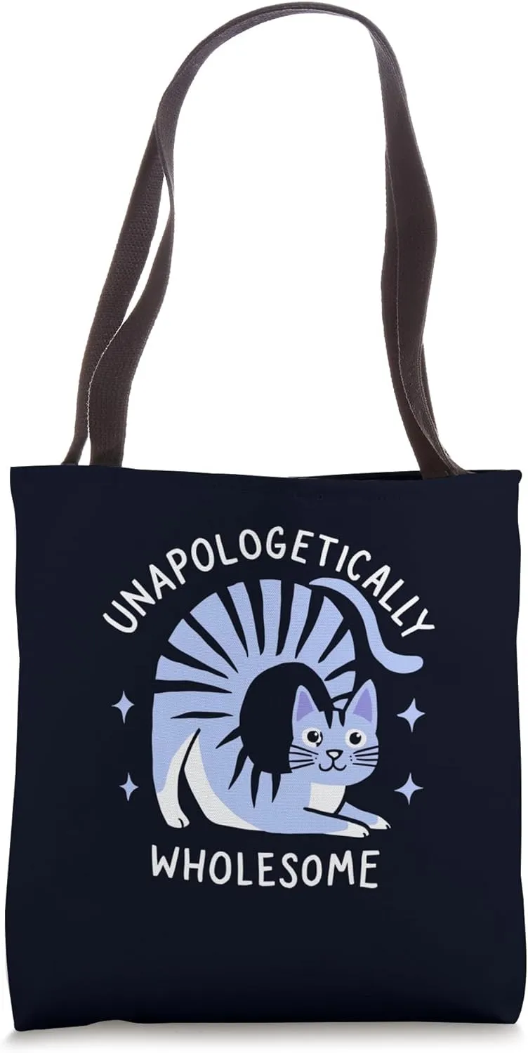 Unapologetically Wholesome Funny Cat Pun Tote Bag