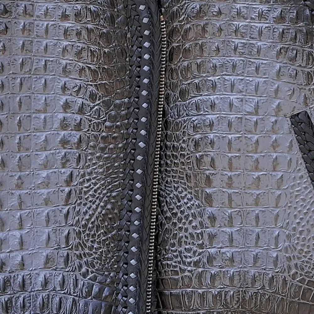 Unique Gray Crocodile Embossed Biker Leather Vest