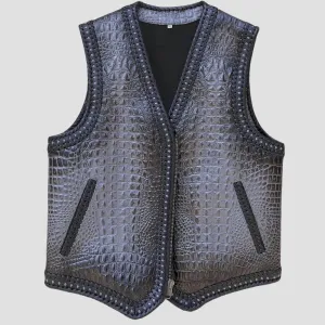 Unique Gray Crocodile Embossed Biker Leather Vest
