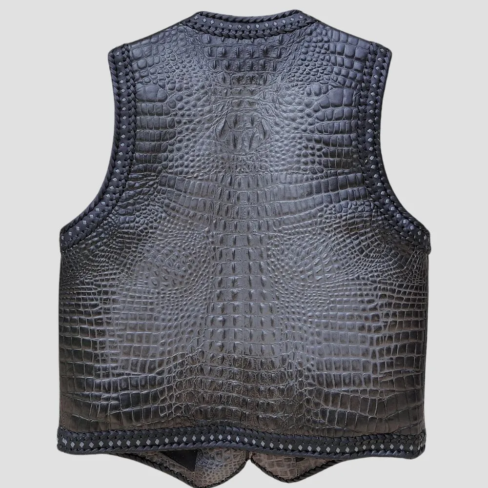 Unique Gray Crocodile Embossed Biker Leather Vest