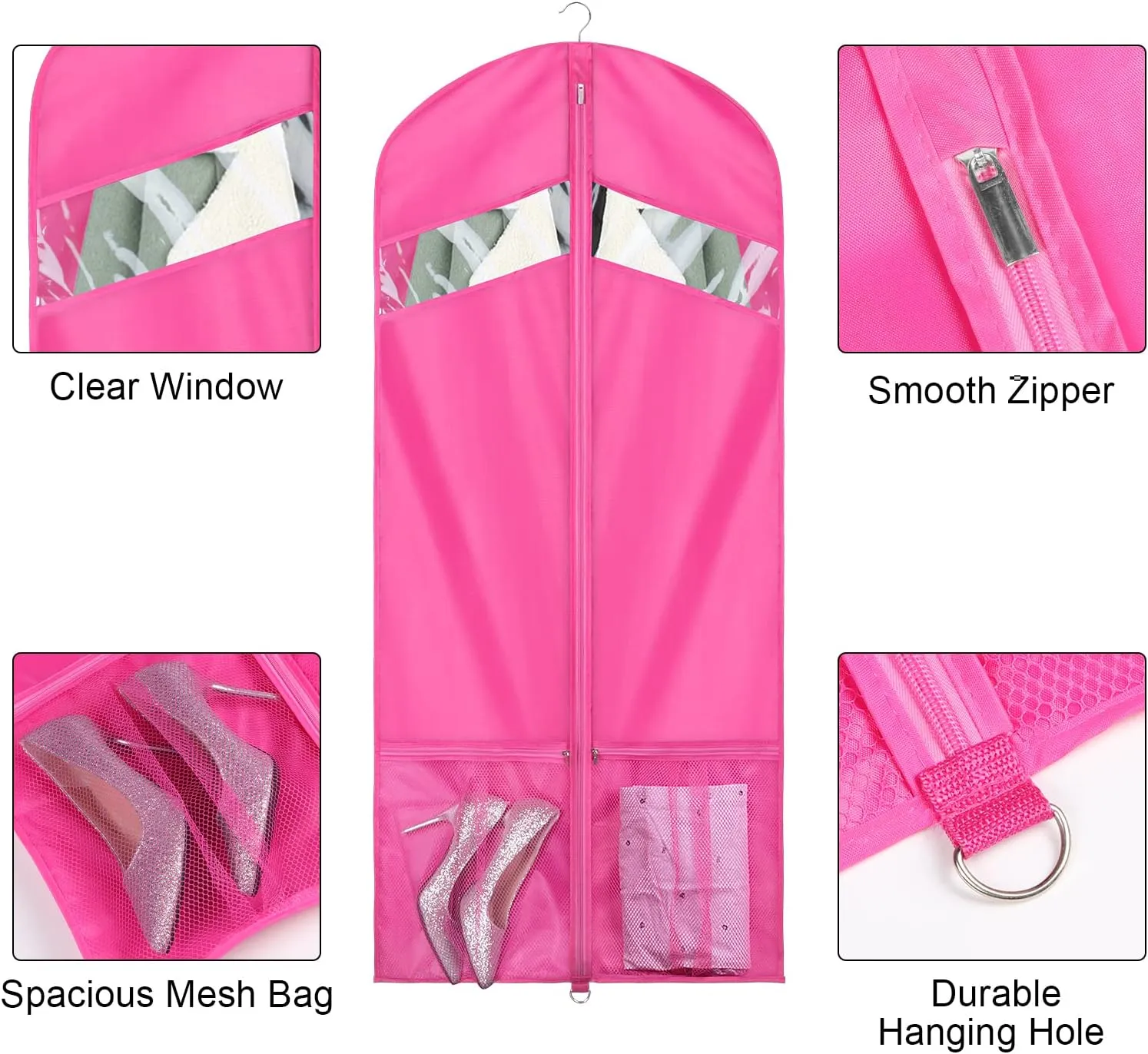 Univivi Garment Bags for Dance Costumes 54" Foldable (5 Pack) Dance Dress Bag with 2 Zipper Mesh Pockets and Clear Window,for Storage or Travel