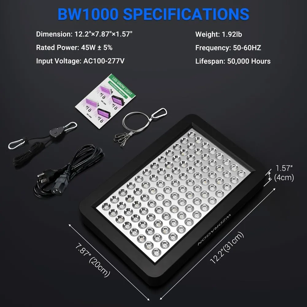 Upgraded BW1000 LED Grow Lights Double Chips Full Spectrum with 10ft Cable for Greenhouse and Indoor Plant Veg and Flower Growing [Black]