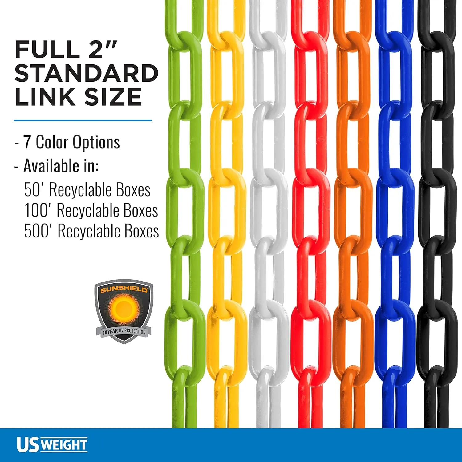 US Weight (Made in USA) 2" x 500' Black Plastic Safety Chain ft. SunShield UV Resistant Technology