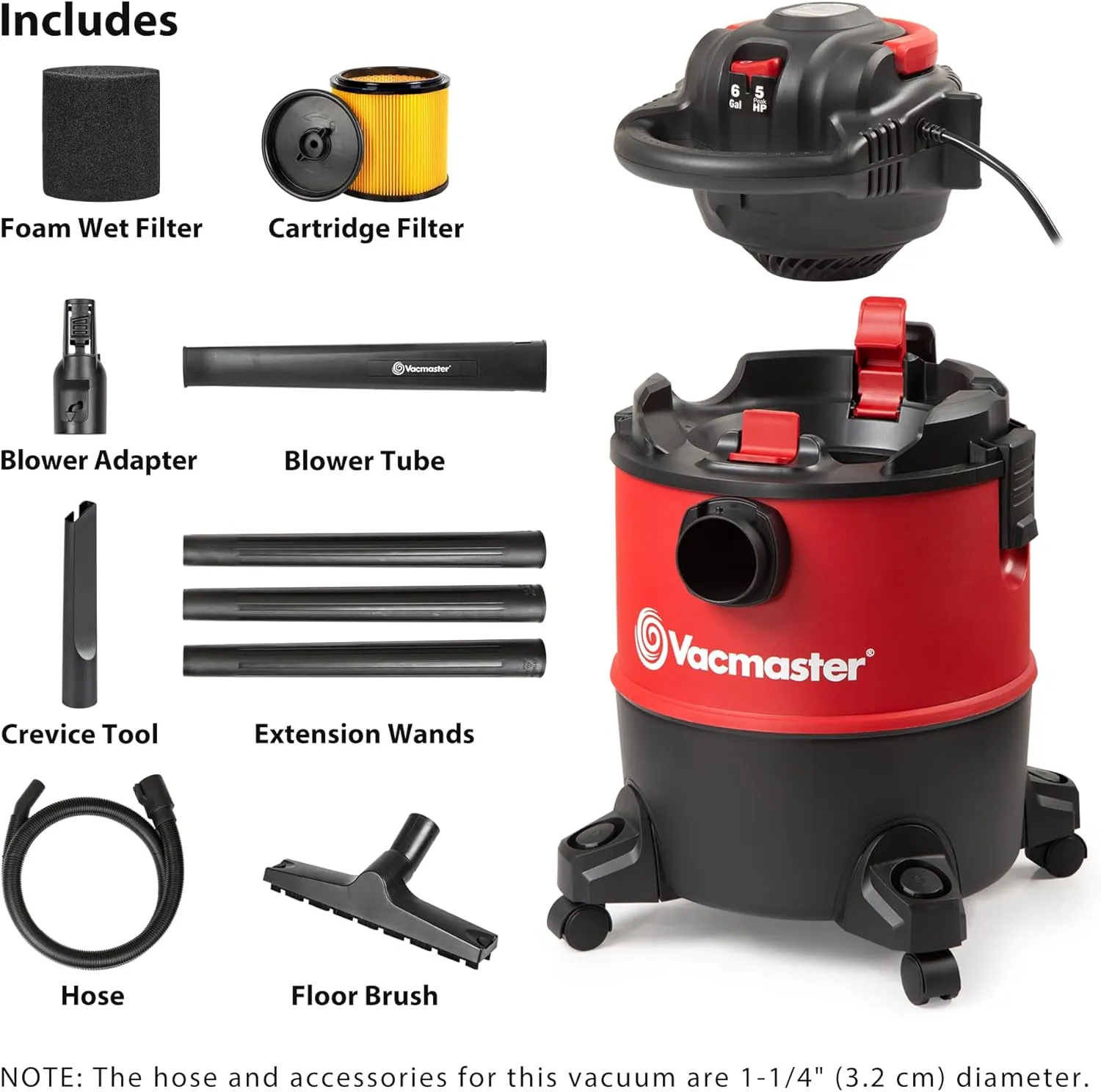 Vacmaster 6-Gallon* Wet/Dry Vacuum with Detachable Blower – VBVB611PF 1101