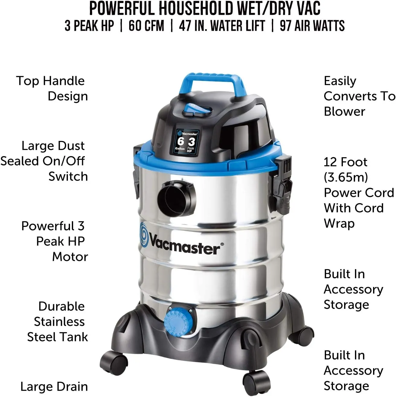 Vacmaster, VQ607SFD, 6 Gallon 3 Peak HP Stainless Steel Wet/Dry Shop Vacuum