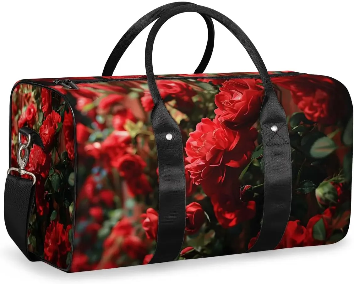 Valentine's Day Rose Travel Duffel Bag for Women Men Waterproof Foldable Overnight Weekender Bag Large Capacity Sports Gym Bag