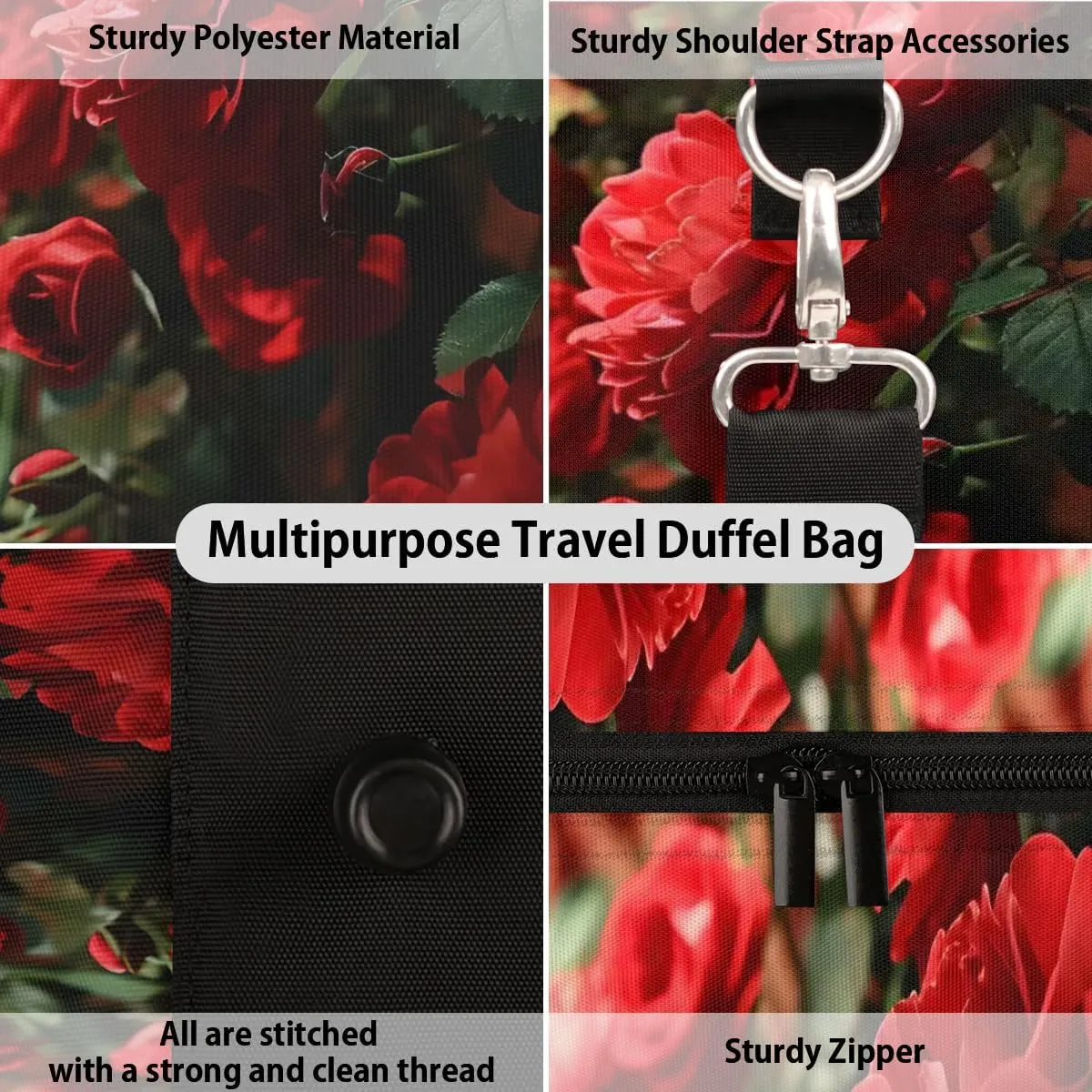 Valentine's Day Rose Travel Duffel Bag for Women Men Waterproof Foldable Overnight Weekender Bag Large Capacity Sports Gym Bag