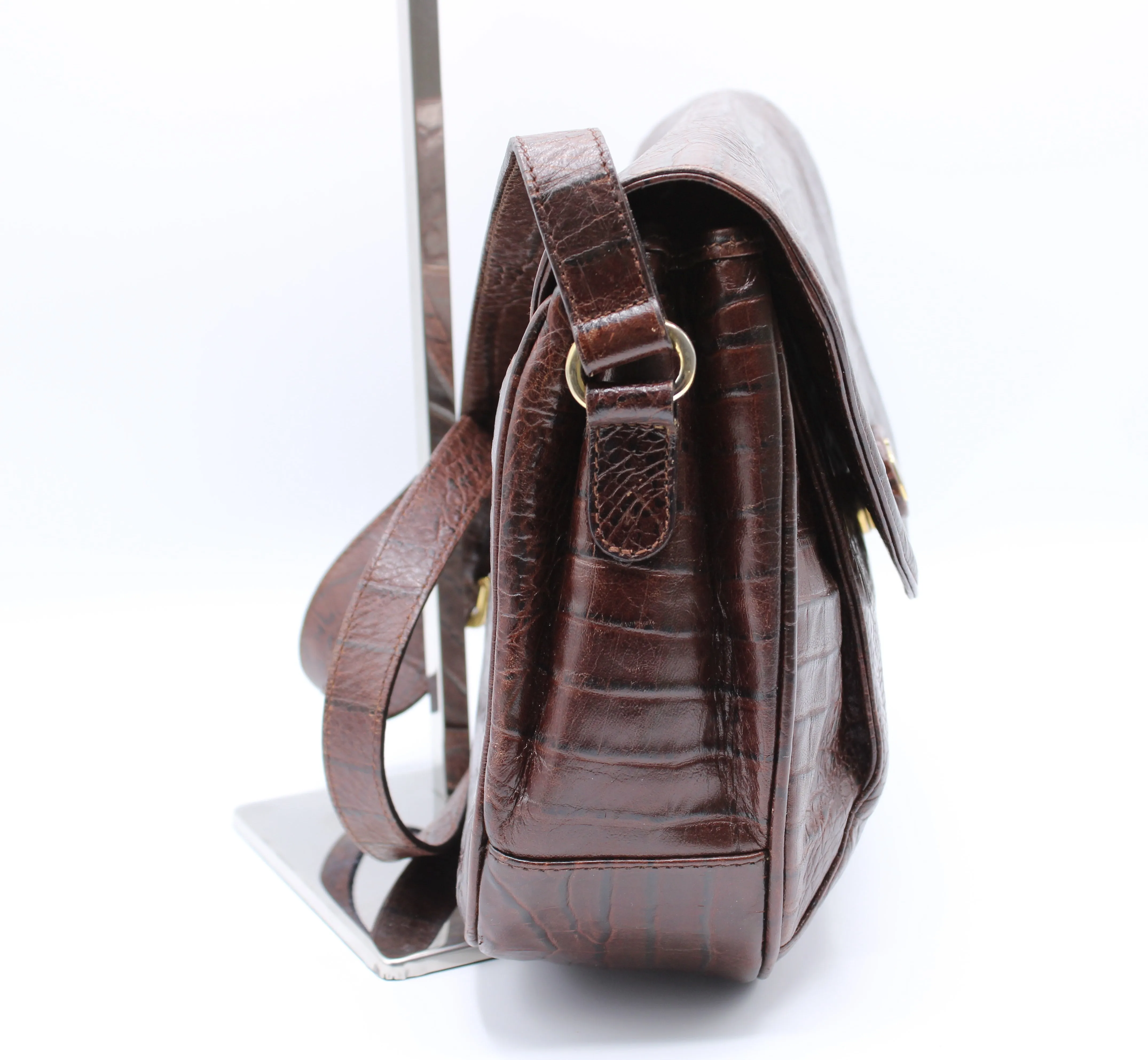 Valentino Garavani Crocodile Embossed Brown VSLING Leather Crossbody Bag