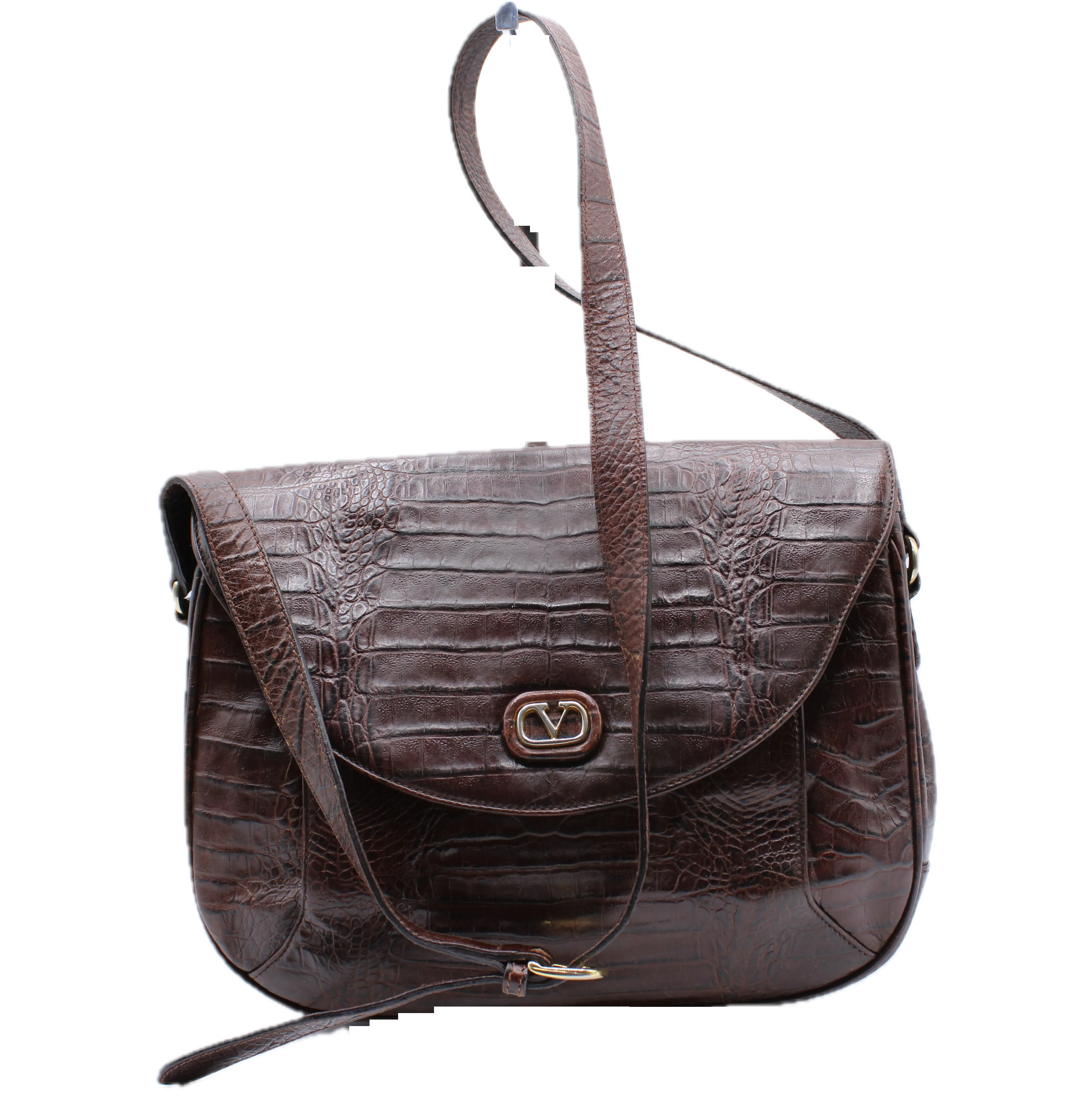 Valentino Garavani Crocodile Embossed Brown VSLING Leather Crossbody Bag
