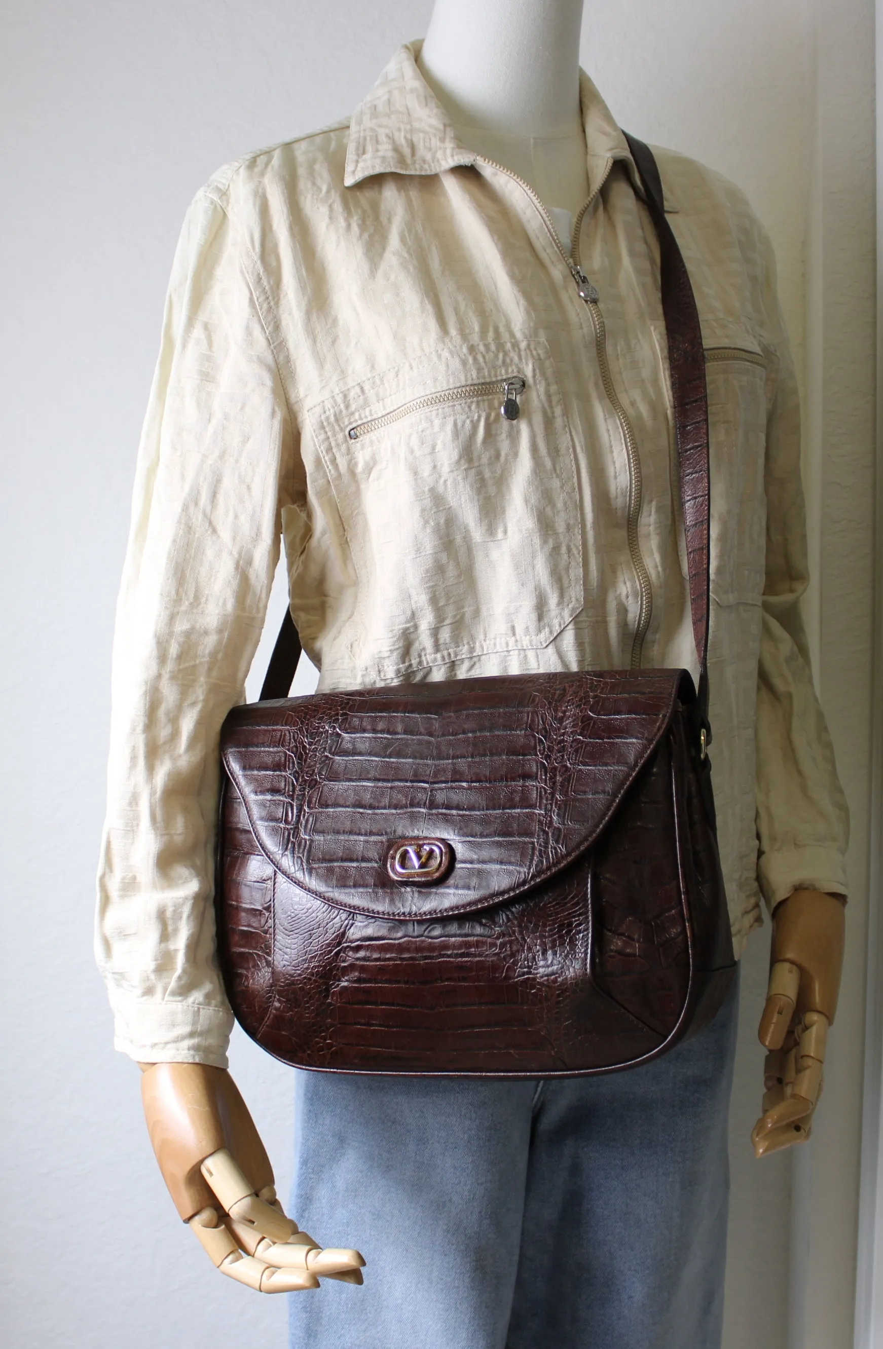Valentino Garavani Crocodile Embossed Brown VSLING Leather Crossbody Bag