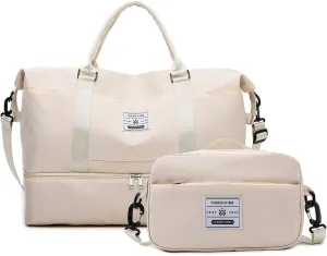 Valleycomfy Travel Duffel Bags with Shoes Compartment,Large Travel Duffel Bag,Weekender Overnight Bag with Toiletry Bag,Beige