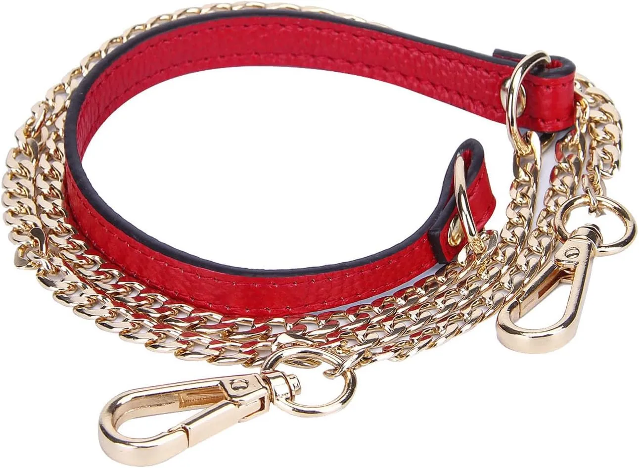 VanEnjoy 12MM Replacement Chain & Genuine Leather Shoulder Crossbody Straps for Handbags Purse Bags (Black) (Red)