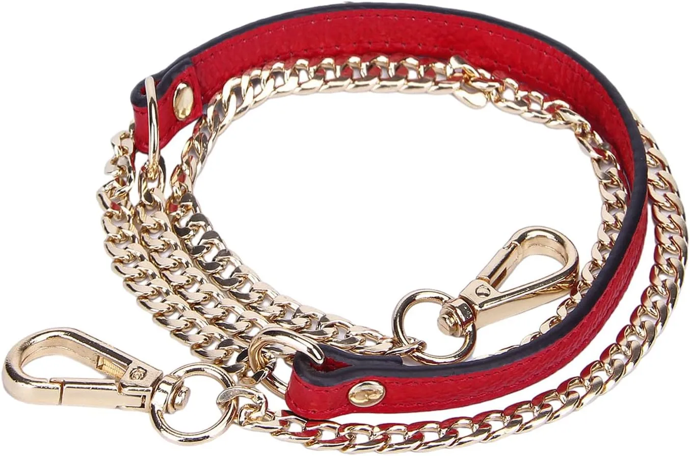 VanEnjoy 12MM Replacement Chain & Genuine Leather Shoulder Crossbody Straps for Handbags Purse Bags (Black) (Red)