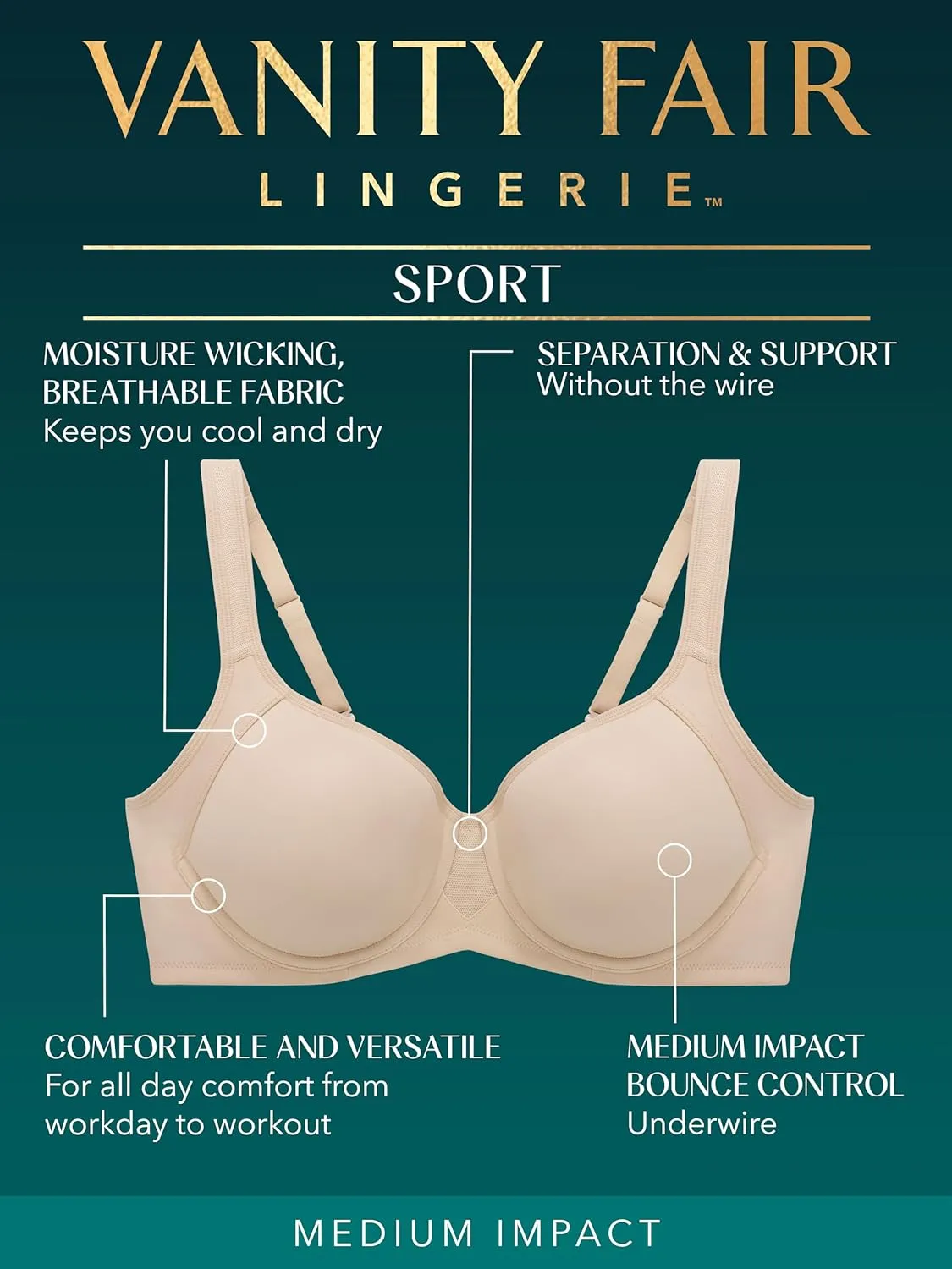 Vanity Fair Women's Medium Impact Sports Bras for Women, Breathable, Moisture Wicking, Padded Cups up to DDD
