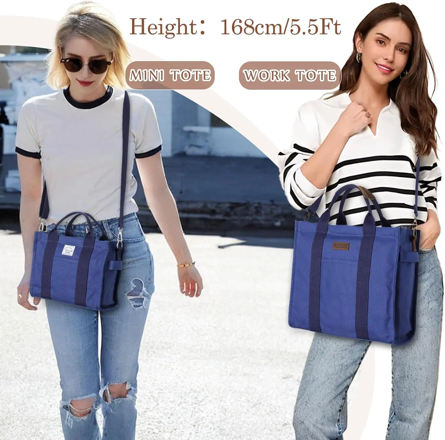 VASCHY Canvas Tote bag, Casual Reusable Work Totes for Women Teachers with Zippers Pockets Crossbody Shoulder Bag Purse
