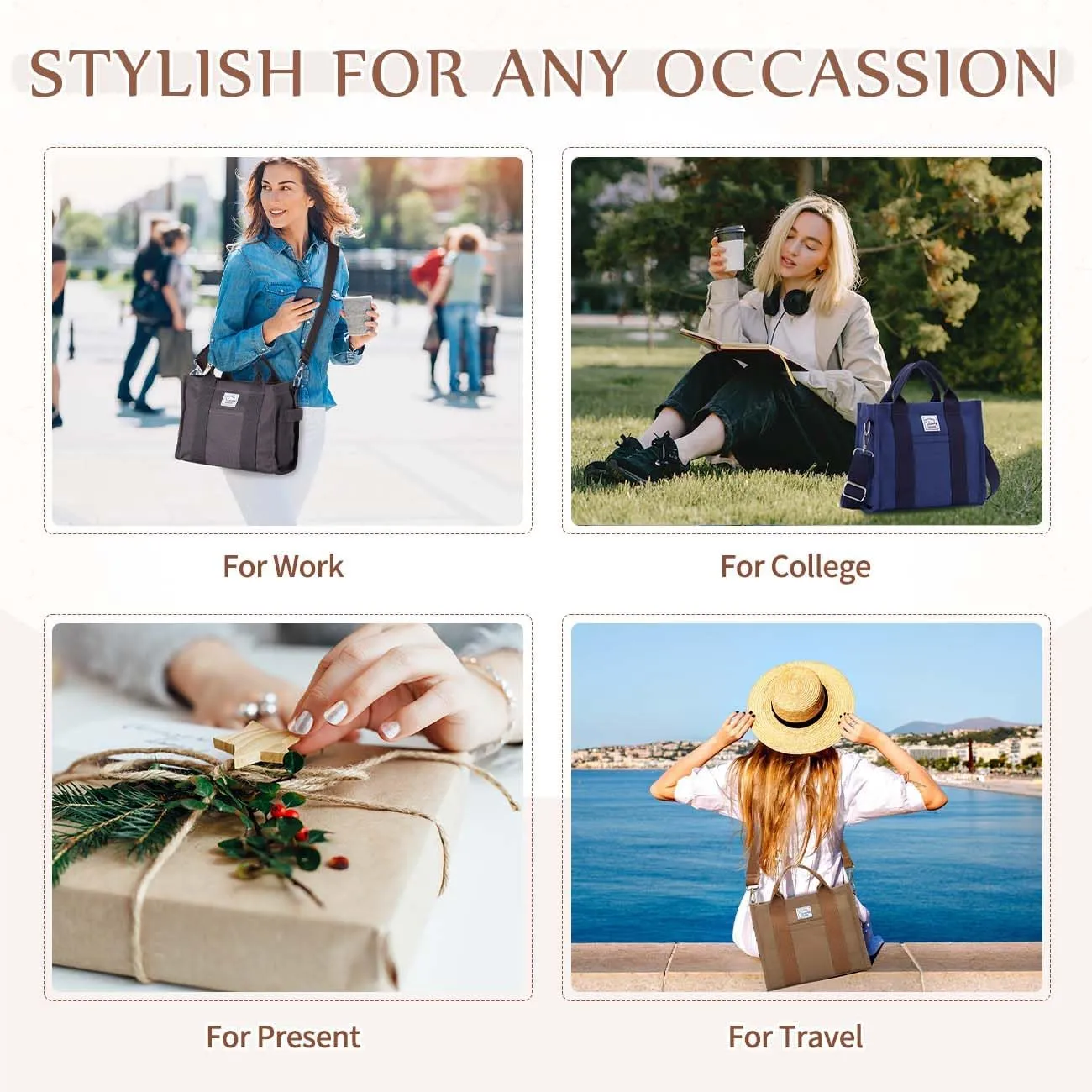 VASCHY Canvas Tote bag, Casual Reusable Work Totes for Women Teachers with Zippers Pockets Crossbody Shoulder Bag Purse