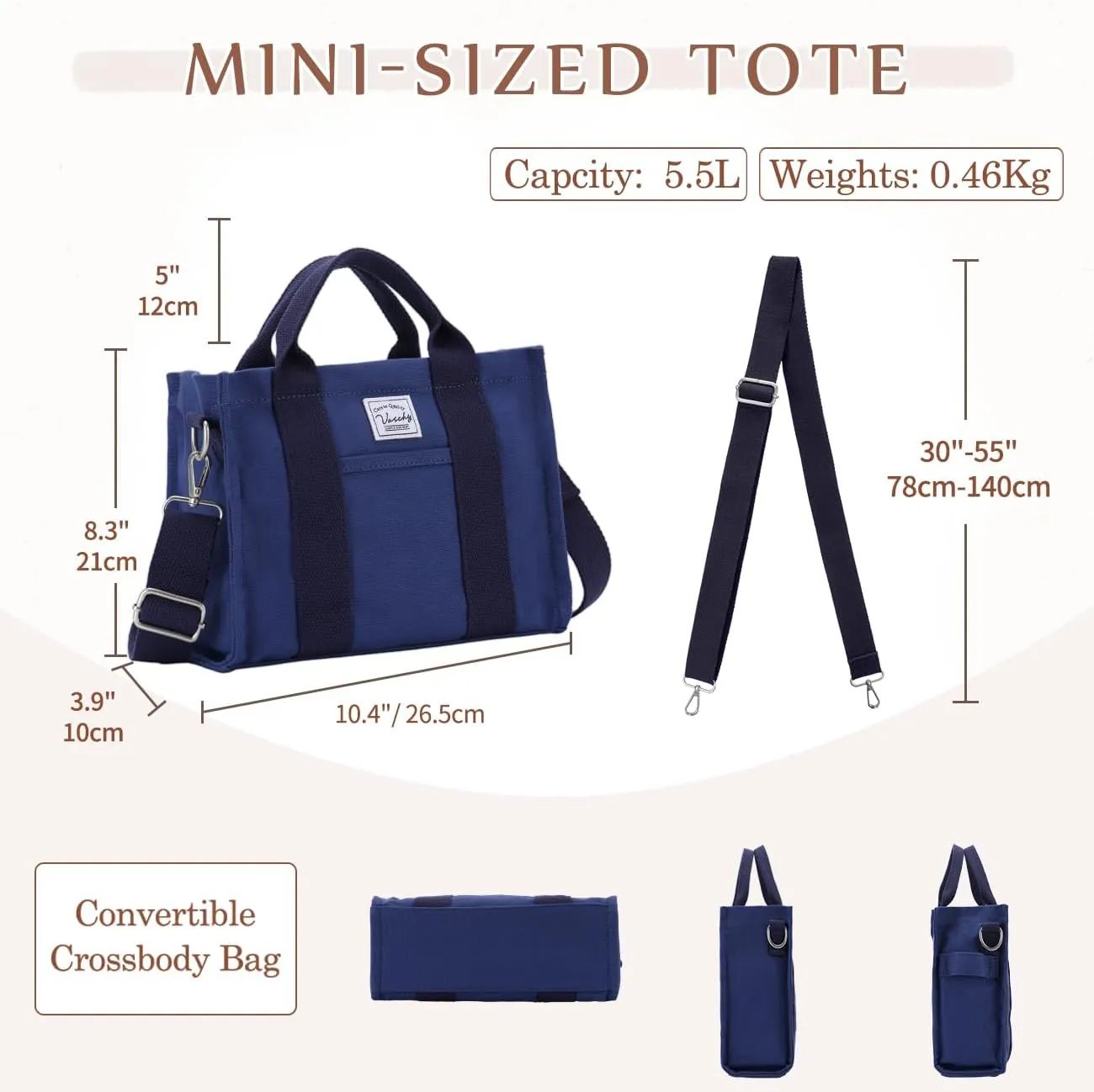 VASCHY Canvas Tote bag, Casual Reusable Work Totes for Women Teachers with Zippers Pockets Crossbody Shoulder Bag Purse