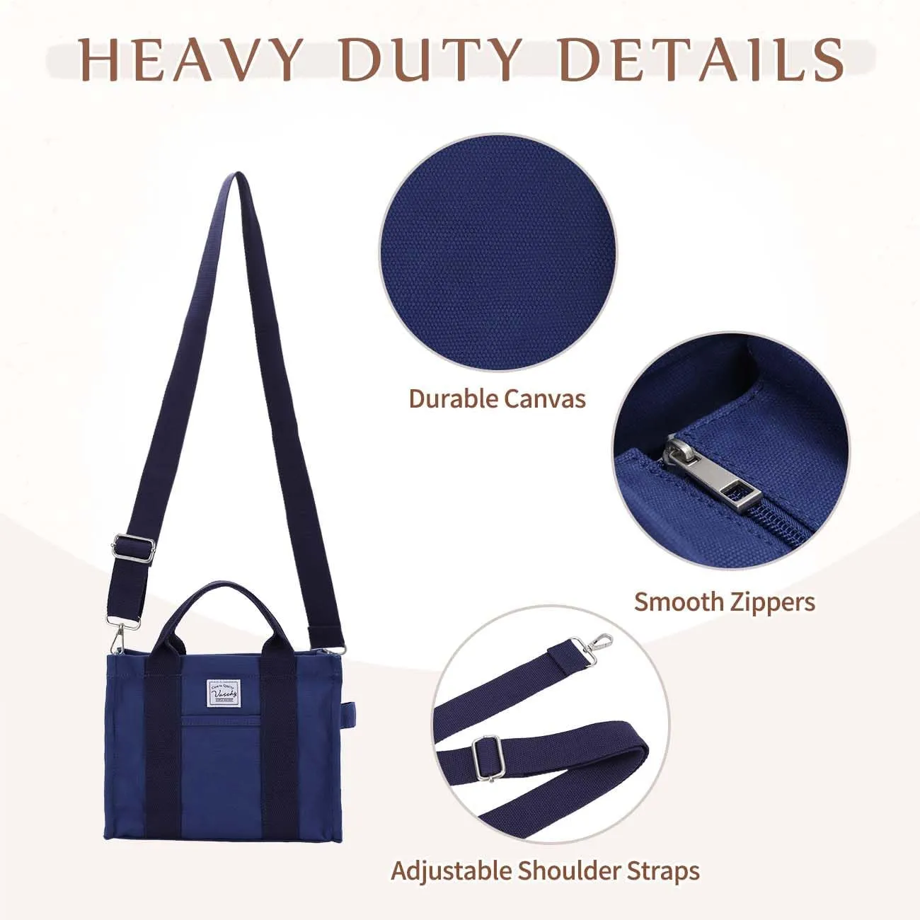 VASCHY Canvas Tote bag, Casual Reusable Work Totes for Women Teachers with Zippers Pockets Crossbody Shoulder Bag Purse