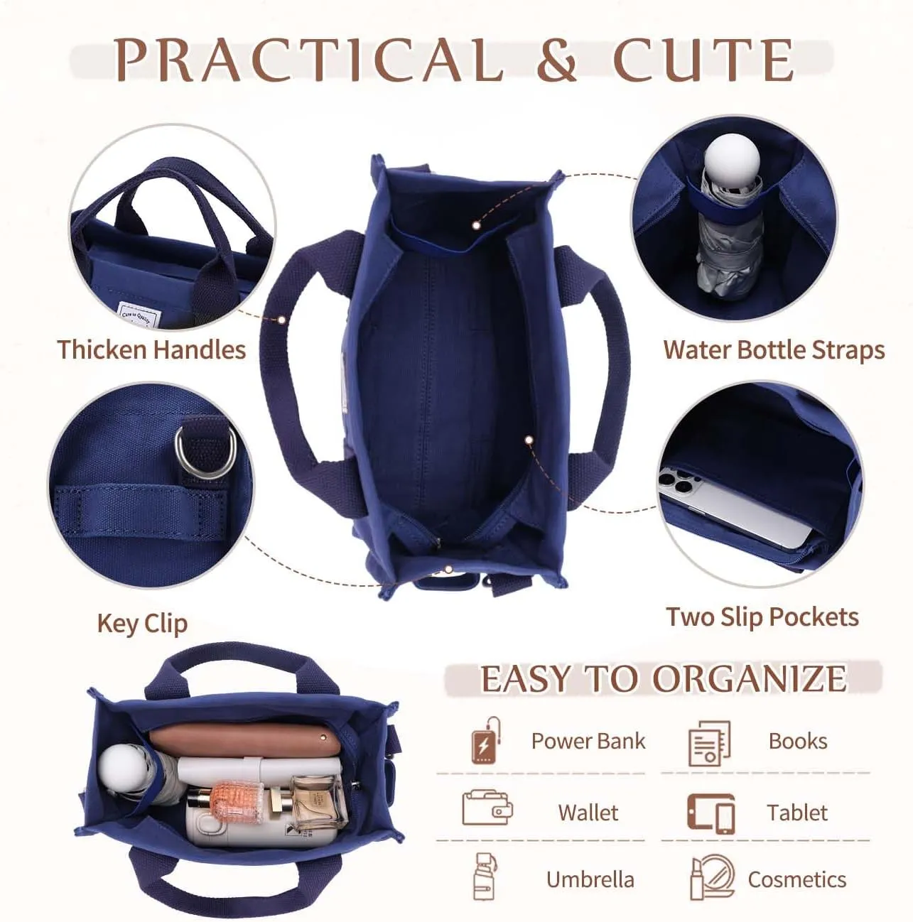 VASCHY Canvas Tote bag, Casual Reusable Work Totes for Women Teachers with Zippers Pockets Crossbody Shoulder Bag Purse