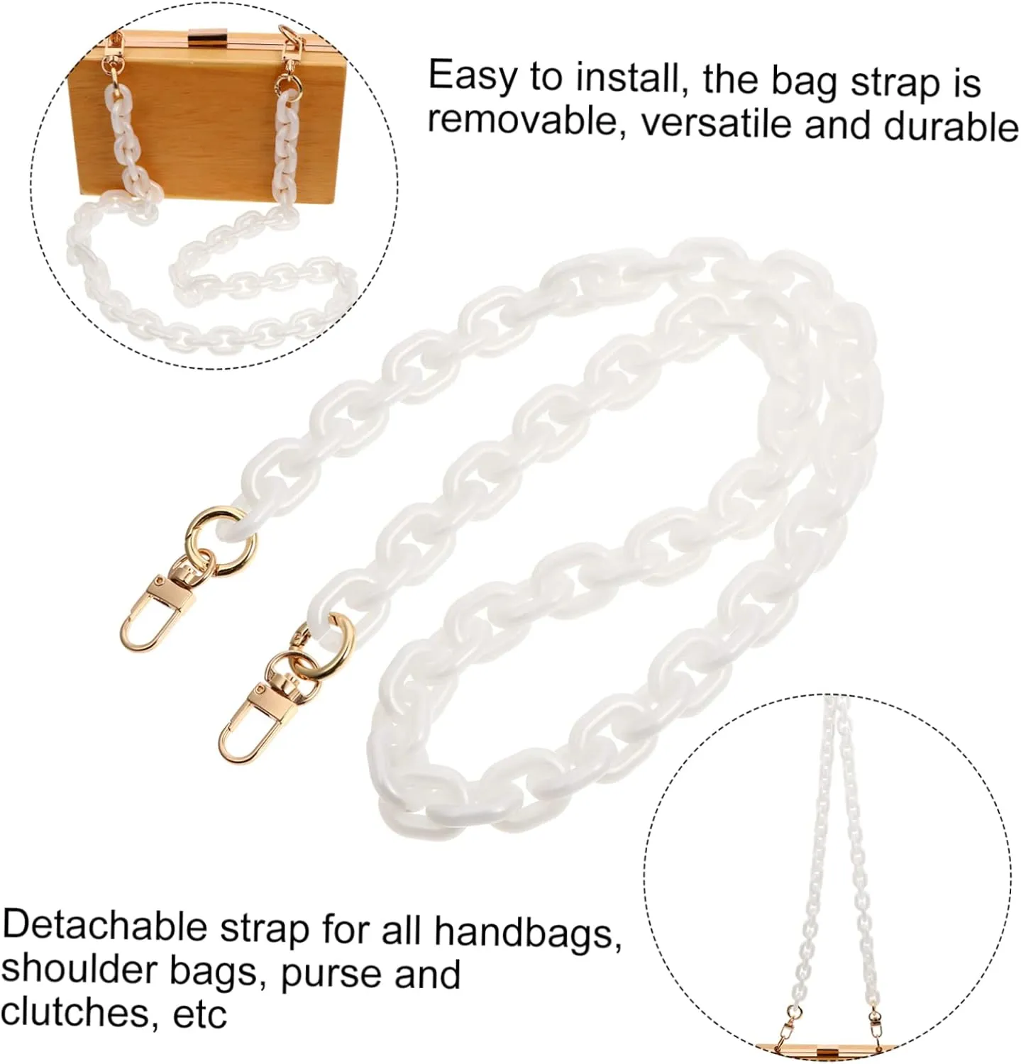 Veemoon Metal Buckles White Resin Shoulder Bag Chain Durable Replacement Strap for Handbags Lightweight Purse Accessory Stylish Design for Everyday Use