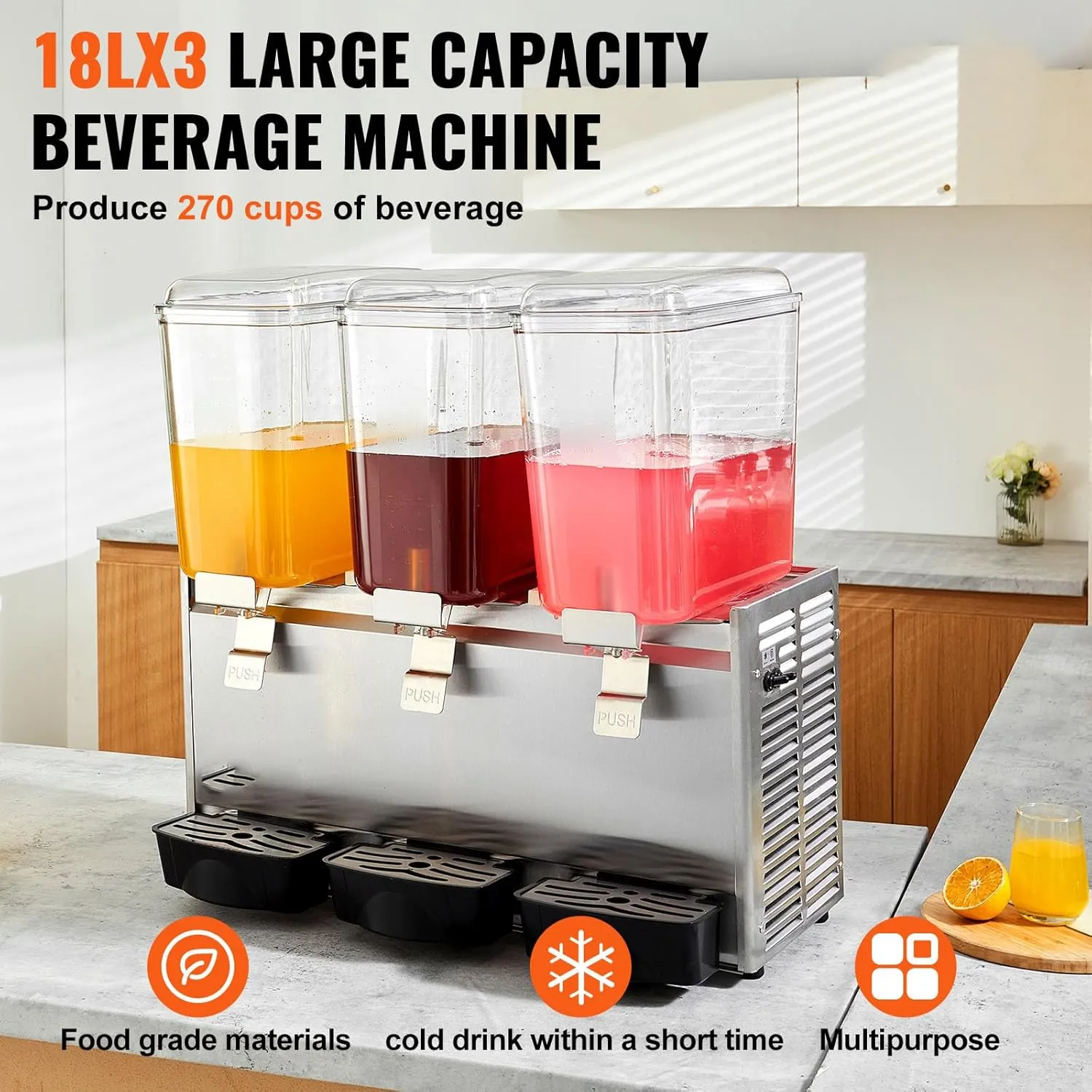 VEVOR Commercial Beverage Dispenser, 14.25 Gal 18L 3 Tanks Ice Tea Drink Machine, 680W 304 Stainless Steel Juice Dispenser with 41℉-53.6℉ Thermostat Controller, for Cold Drink Restaurant Hotel Party
