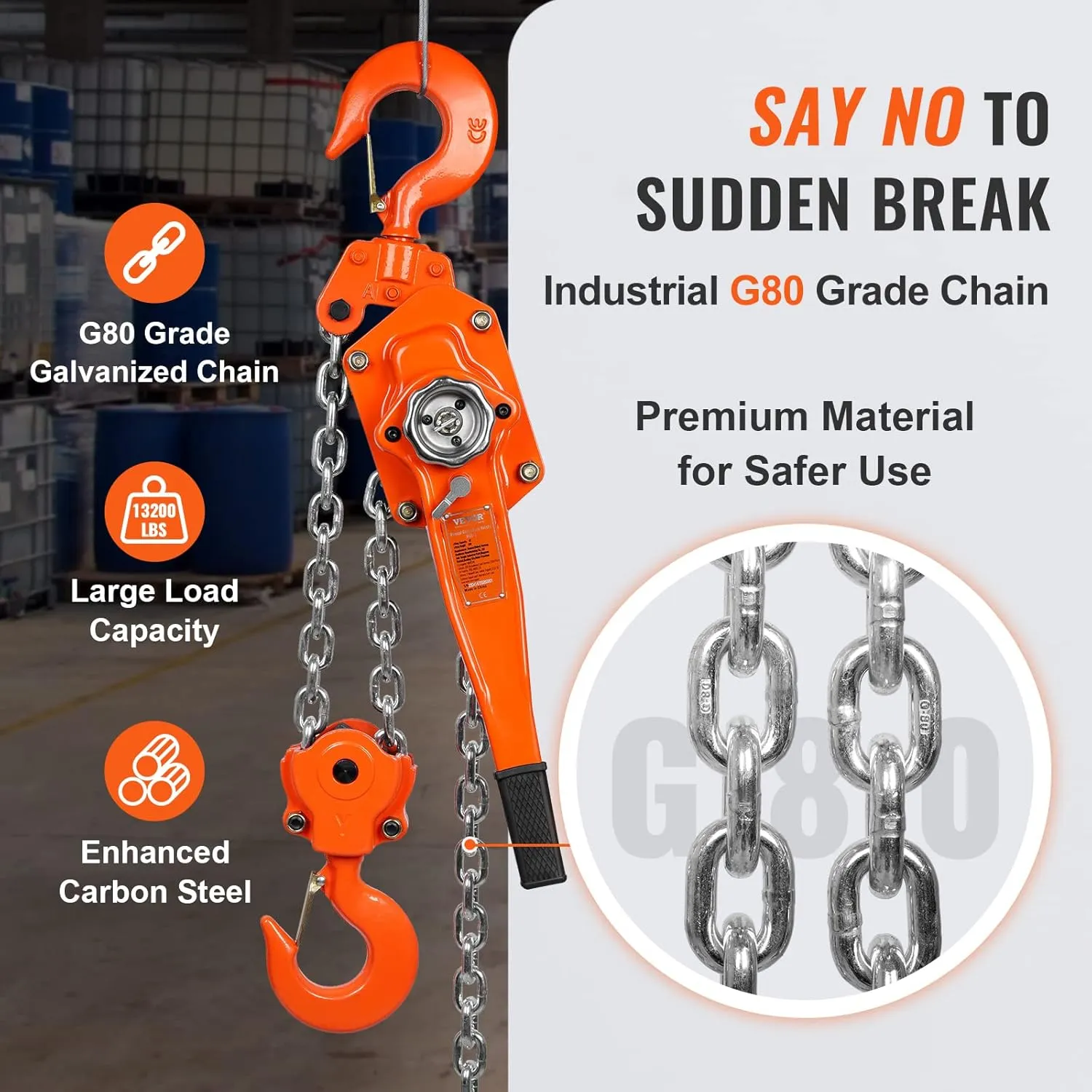 VEVOR Manual Lever Chain Hoist, 6 Ton 13200 lbs Capacity 20 FT Come Along, G80 Galvanized Carbon Steel with Weston Double-Pawl Brake, Auto Chain Leading & 360° Rotation Hook, for Garage Factory Dock