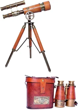 Victorian Marine Table Decorative Telescope Vintage Gift Functional Instrument with Antique Marine Brass Leather Binocular 1915 (Combo)