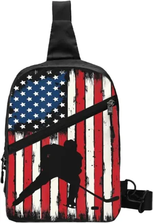 Vintage American Flag Hockey Portable Sling Bags Packable Crossbody Bag Foldable Sport Daypack Reusable Shoulder Backpack Diagonally Chest Bag for Workout Travel