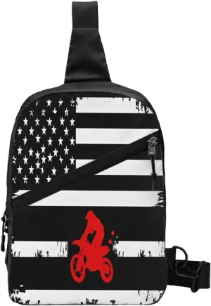 Vintage American Motorcycle Flag Dirt Bike Rider Motocross Portable Sling Bags Packable Crossbody Bag Foldable Sport Daypack Reusable Shoulder Backpack Diagonally Chest Bag for Workout Travel