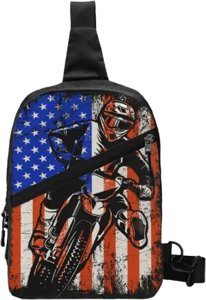 Vintage American Motorcycle Flag Dirt Bike Rider Motocross Portable Sling Bags Packable Crossbody Bag Foldable Sport Daypack Reusable Shoulder Backpack Diagonally Chest Bag for Workout Travel