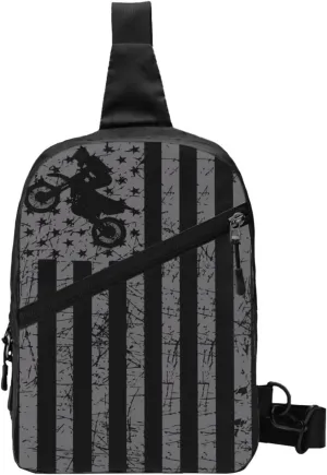 Vintage American Motorcycle Flag Dirt Bike Rider Motocross Portable Sling Bags Packable Crossbody Bag Foldable Sport Daypack Reusable Shoulder Backpack Diagonally Chest Bag for Workout Travel