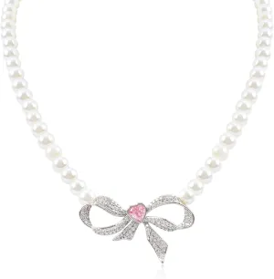 Vintage Bow Pearl Choker Necklace for Women White Round Baroque Freshwater Pearl Necklace with Bow Knot Charm Rhinestones Y2K Adjustable Wedding Necklace for Brides Jewelry Gift