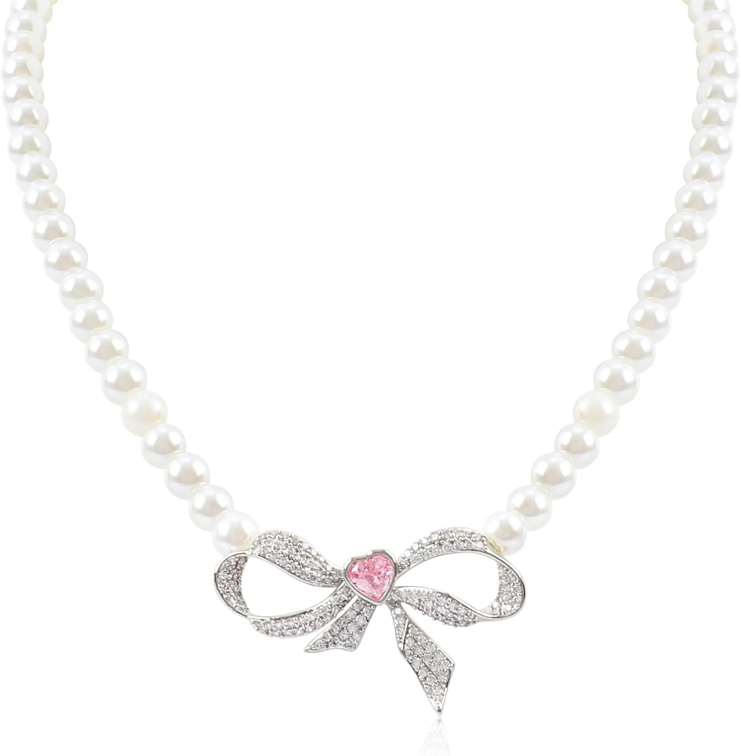 Vintage Bow Pearl Choker Necklace for Women White Round Baroque Freshwater Pearl Necklace with Bow Knot Charm Rhinestones Y2K Adjustable Wedding Necklace for Brides Jewelry Gift
