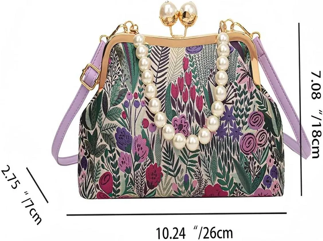 Vintage Flower Embroidery Handbag,Kiss Lock Evening Shoulder Bag with Removable Shoulder Strap for Women