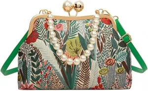 Vintage Flower Embroidery Handbag,Kiss Lock Evening Shoulder Bag with Removable Shoulder Strap for Women