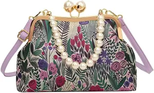 Vintage Flower Embroidery Handbag,Kiss Lock Evening Shoulder Bag with Removable Shoulder Strap for Women