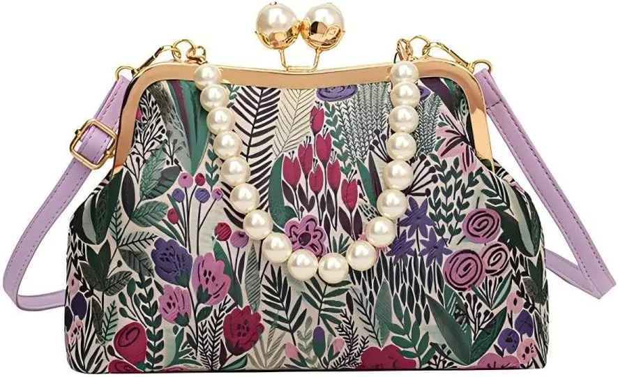 Vintage Flower Embroidery Handbag,Kiss Lock Evening Shoulder Bag with Removable Shoulder Strap for Women