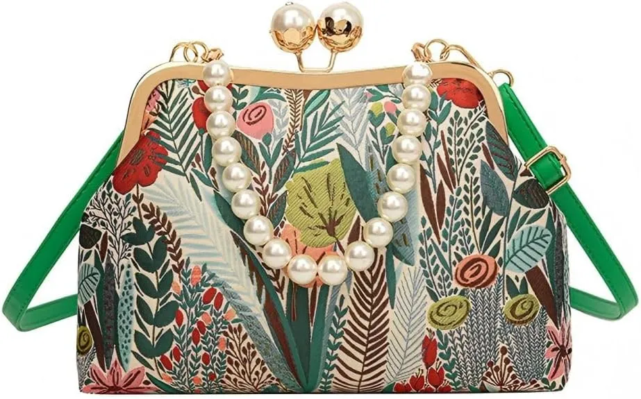 Vintage Flower Embroidery Handbag,Kiss Lock Evening Shoulder Bag with Removable Shoulder Strap for Women