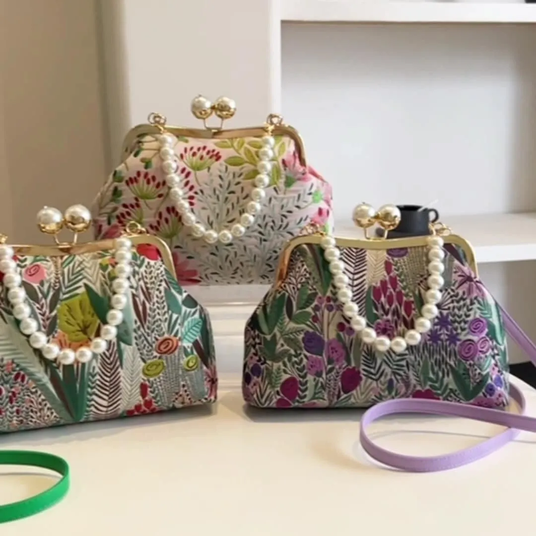 Vintage Flower Embroidery Handbag,Kiss Lock Evening Shoulder Bag with Removable Shoulder Strap for Women